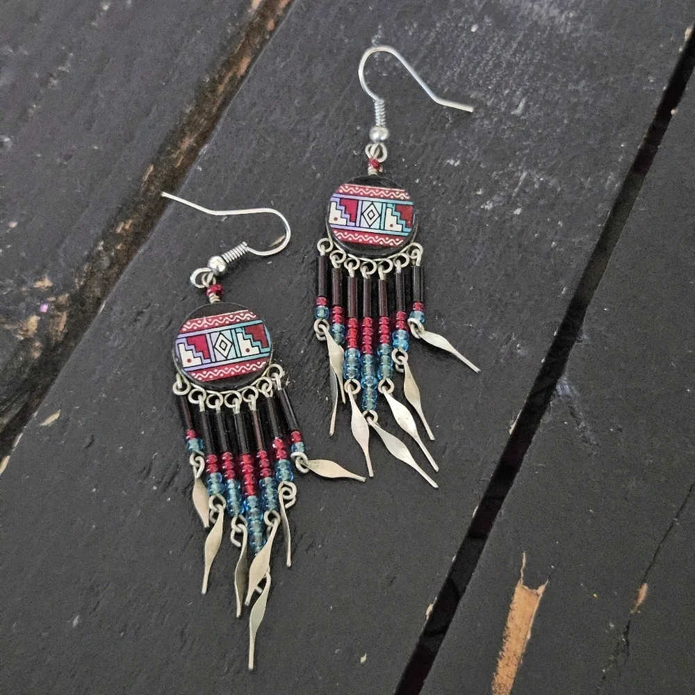 Bohemian Multicolor Dangle Earrings Beaded Southwestern Burgundy Black Blue